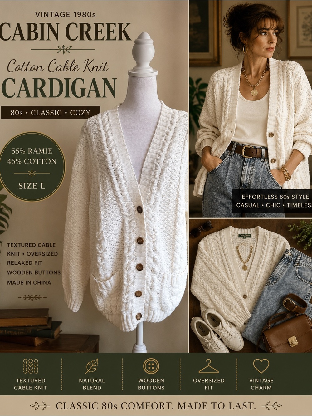 Vintage Cabin Creek Cable Knit Cardigan Sweater Ramie Cotton Size L